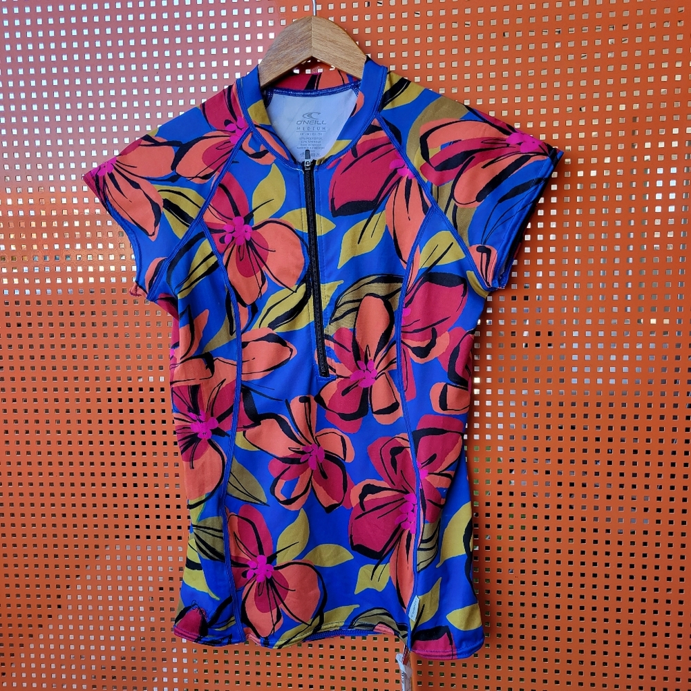 O’Neill Women's Rash Guard Short Sleeve Medium Floral 1/2 Zip Surf Swim Beach